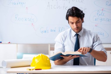 Genç erkek mimar beyaz tahtanın önünde. 