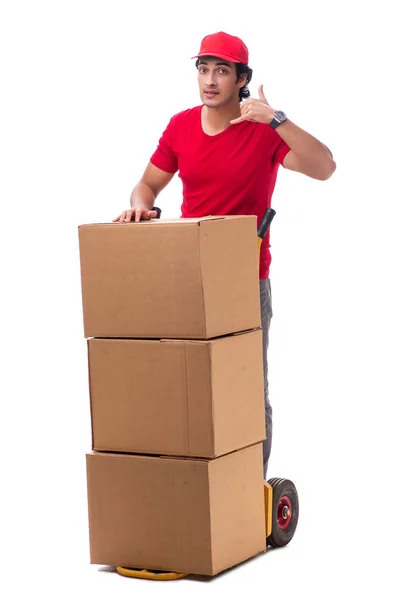 Jonge mannelijke courier met box — Stockfoto