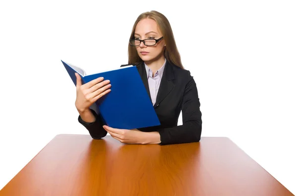 Female employee sitting at long table isolated on white — Stock Photo, Image