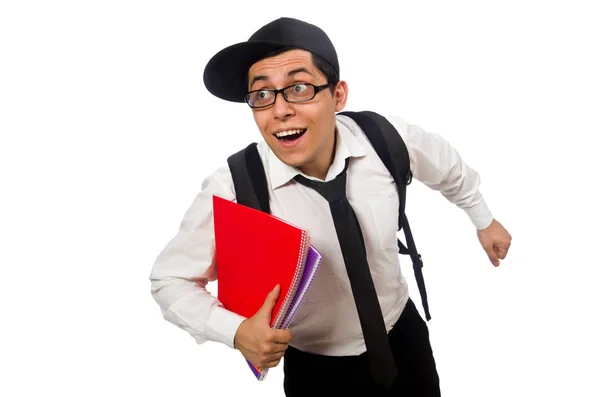 Estudiante masculino sosteniendo notas aisladas en blanco —  Fotos de Stock