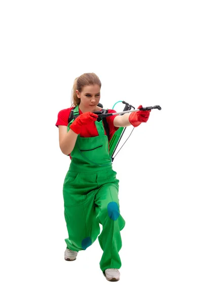 Female pest control contractor isolated on white — Stock Photo, Image