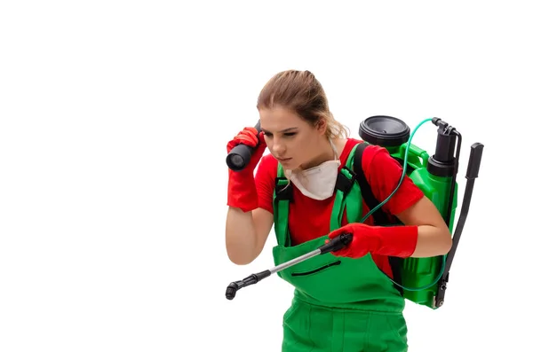 Contratante feminina de controlo de pragas isolada em branco — Fotografia de Stock