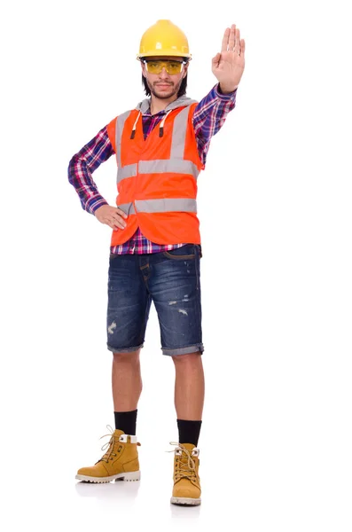 Young male builder contractor isolated on white — Stock Photo, Image