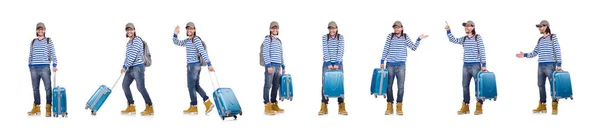 Молодой путешественник с чемоданом изолирован на белом — стоковое фото