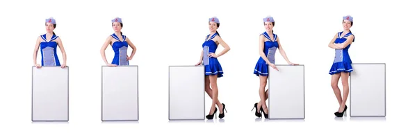 Stewardess with blank board on white — Stock Photo, Image