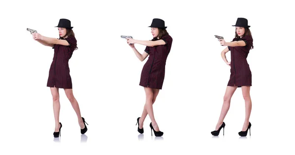 Vrouw gangster met pistool op wit — Stockfoto