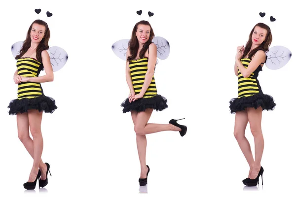 Молодая женщина в пчелином костюме, изолированная на белом — стоковое фото