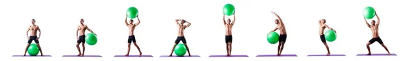 Man with swiss ball doing exercises on white — Stock Photo, Image