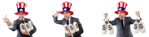 Człowiek z amerykańskim kapeluszu moneybags — Zdjęcie stockowe