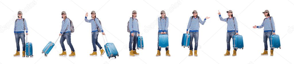 Young traveller with travel case isolated on white