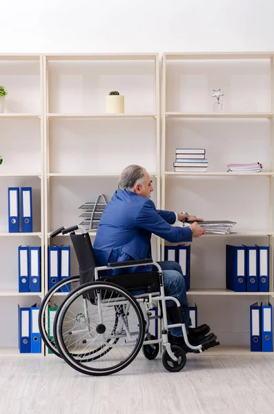 Пожилой работник в инвалидной коляске работает в офисе — стоковое фото