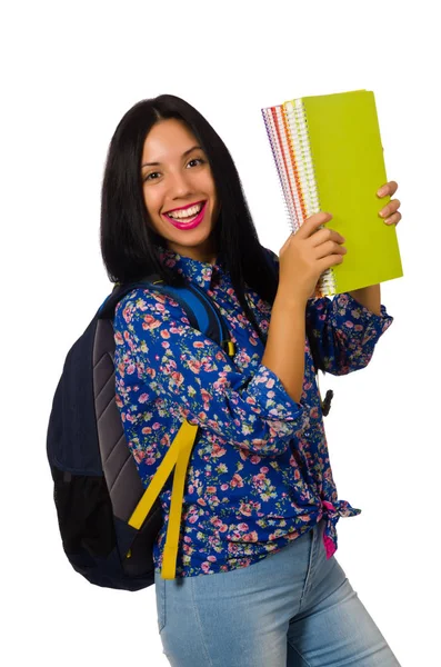 Mujer latina con notas aisladas en blanco —  Fotos de Stock