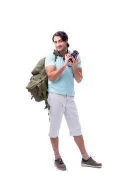 Genç yakışıklı turist üzerinde beyaz izole 