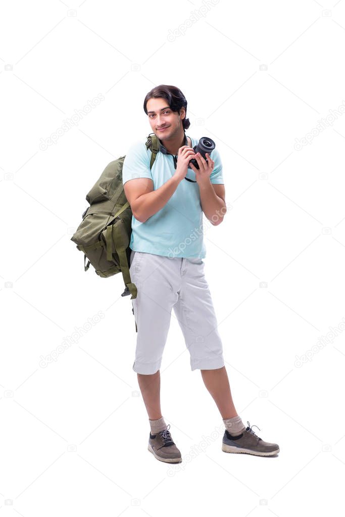 Young handsome tourist isolated on white 