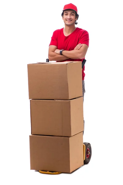 Joven mensajero masculino con caja — Foto de Stock