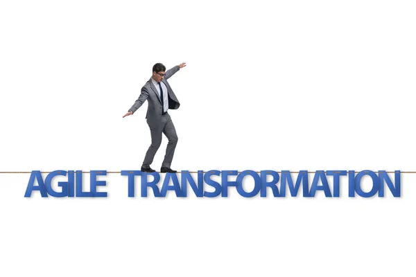 Agile transformation concept with businessman walking on tight r