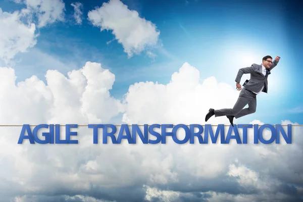 Agile transformation concept with businessman walking on tight r