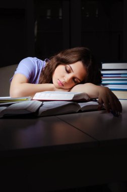 Evde sınavlara hazırlanan genç bir kız öğrenci. 