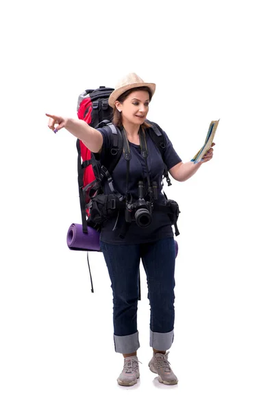 Donna anziana turista isolata su bianco — Foto Stock