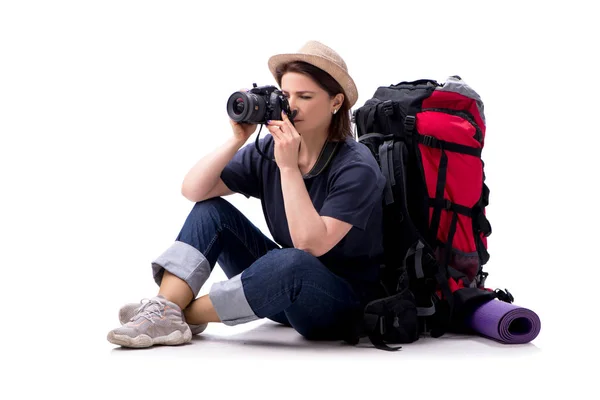 Åldrad kvinnlig turist isolerad på vitt — Stockfoto