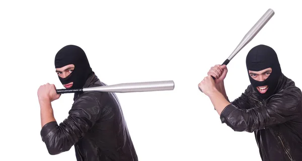 Male hooligan with bat on white — Stock Photo, Image