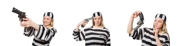 Gefängnisinsasse mit Waffe isoliert auf Weiß — Stockfoto