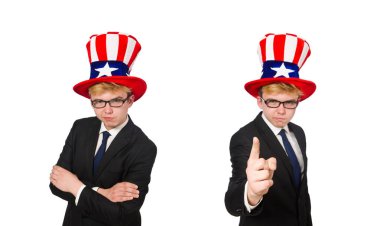 Amerikan şapkalı bir iş adamı beyazla izole edilmiş.