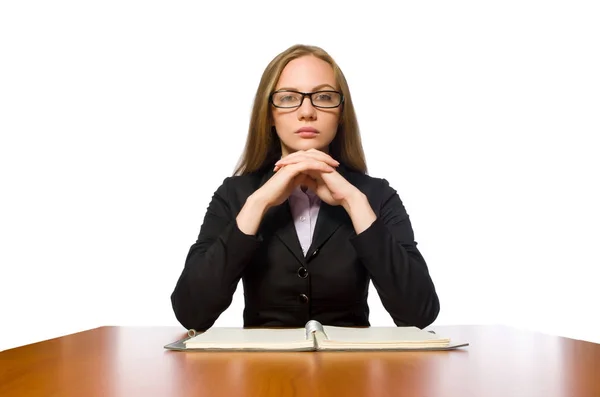 Kobieta pracownik siedzi przy długim stole odizolowany na białym — Zdjęcie stockowe