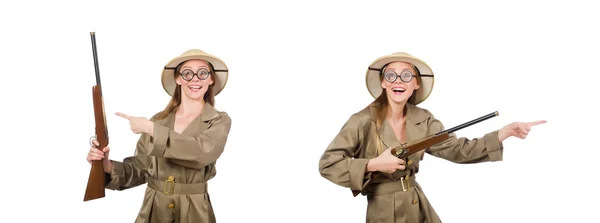 Woman wearing safari hat on white — Stock Photo, Image