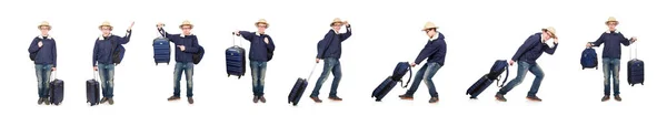 Zabawny człowiek z bagażem w kapeluszu safari — Zdjęcie stockowe
