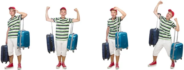 여행 가방을 흰옷에 단 젊은 남자 — 스톡 사진