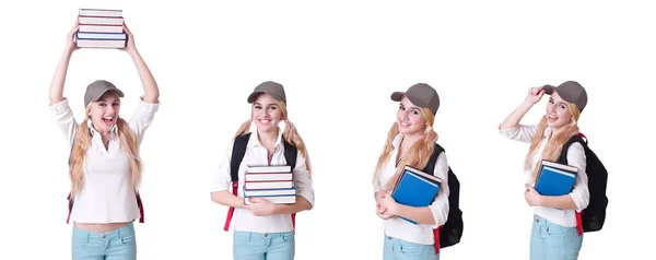 Studente ragazza con libri su bianco — Foto Stock