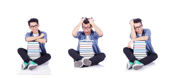 Student with lots of books on white — Stock Photo, Image