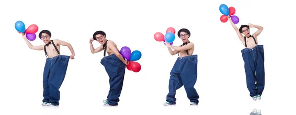 Grappige mens met ballonnen op wit — Stockfoto