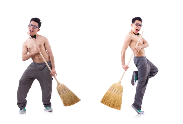 Funny man with broom on white — Stock Photo, Image