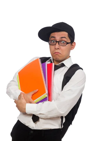 Estudante masculino segurando notas isoladas em branco — Fotografia de Stock