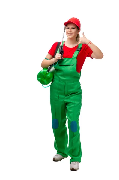 Female pest control contractor isolated on white — Stock Photo, Image