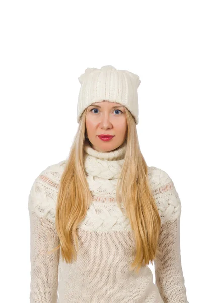 Woman wearing warm clothing on white — Stock Photo, Image