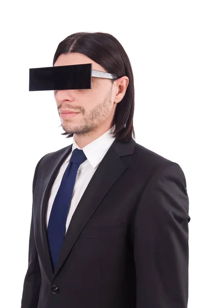 Νεαρός άνδρας με μαύρη μάσκα προσώπου σε λευκό — Φωτογραφία Αρχείου
