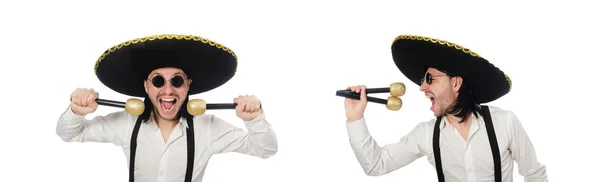 Vtipný muž na sobě mexické sombrero klobouk izolovaný na bílém — Stock fotografie
