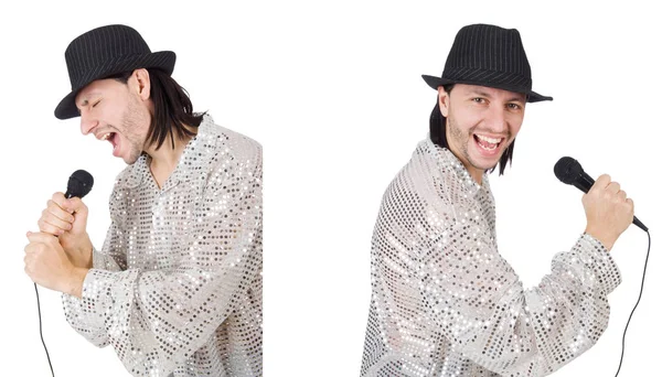 Jeune homme chantant avec microphone isolé sur blanc — Photo