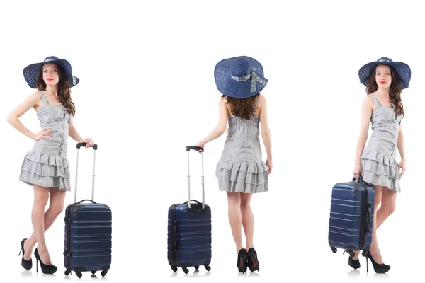 Kvinna med resväska isolerad på vitt — Stockfoto