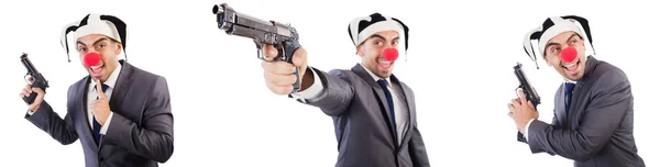 Divertido payaso hombre de negocios con pistola — Foto de Stock