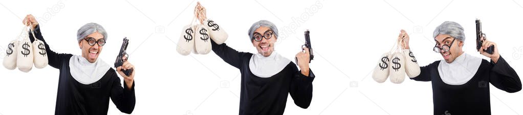 Man in nun dress with handgun and moneybags 