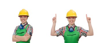 Beyaz izole coverall giyen kadın işçi