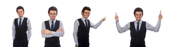 Молодой бизнесмен в смешной концепции на белом — стоковое фото