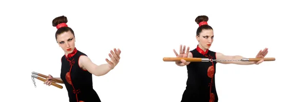 Lustige Frau mit Nunchucks isoliert auf weiß — Stockfoto