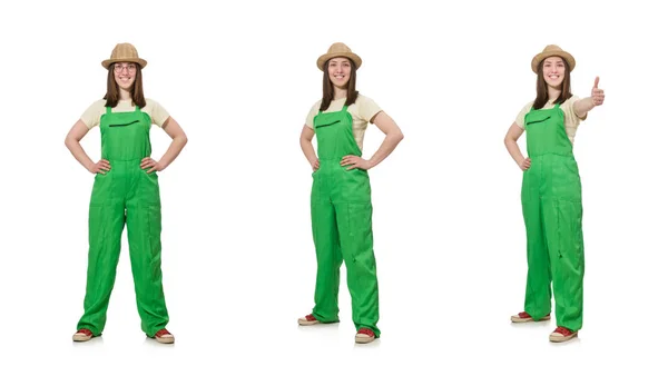 白で隔離緑の制服を着た女性 — ストック写真
