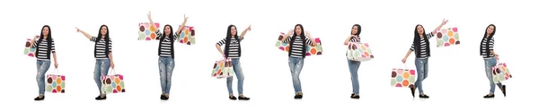 Donna con shopping bags isolata su bianco — Foto Stock