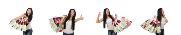 Mujer con bolsas aisladas en blanco — Foto de Stock